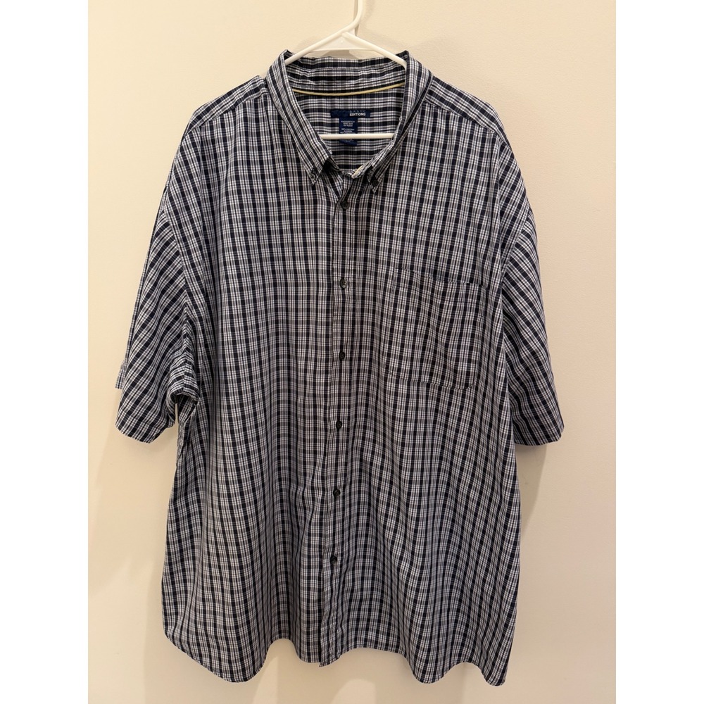Basic Editions Mens 4XL Navy Blue White Plaid Short Sleeve Button Down Shirt